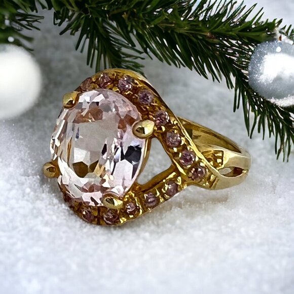 Faceted Pale‎ Pink Kunzite Cocktail Ring Set in Gold Tone Sterling Silver - 7 - Picture 1 of 16